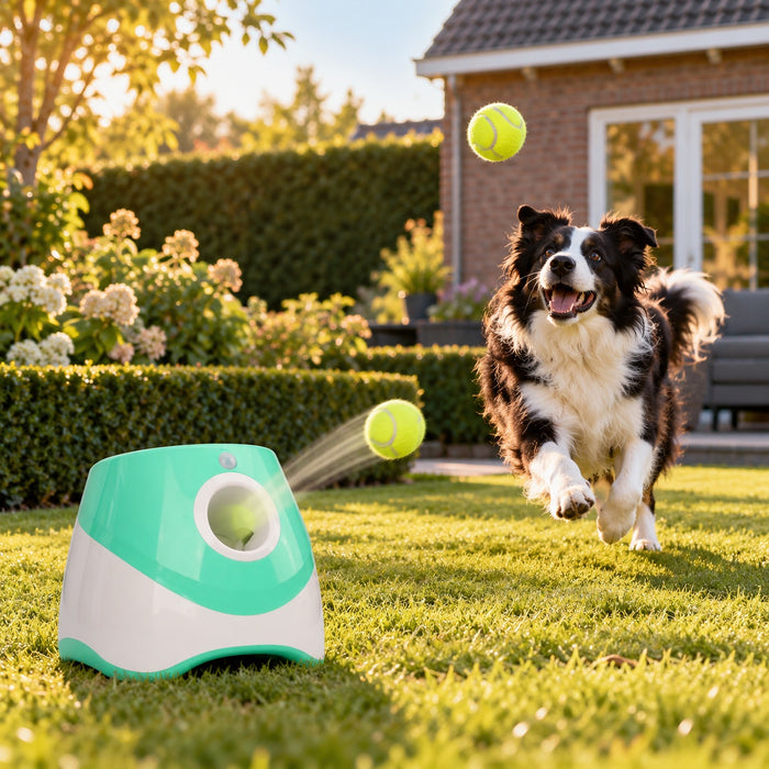 Border collie rent achter een bal aan die de Ballenwerper in de tuin wegschiet