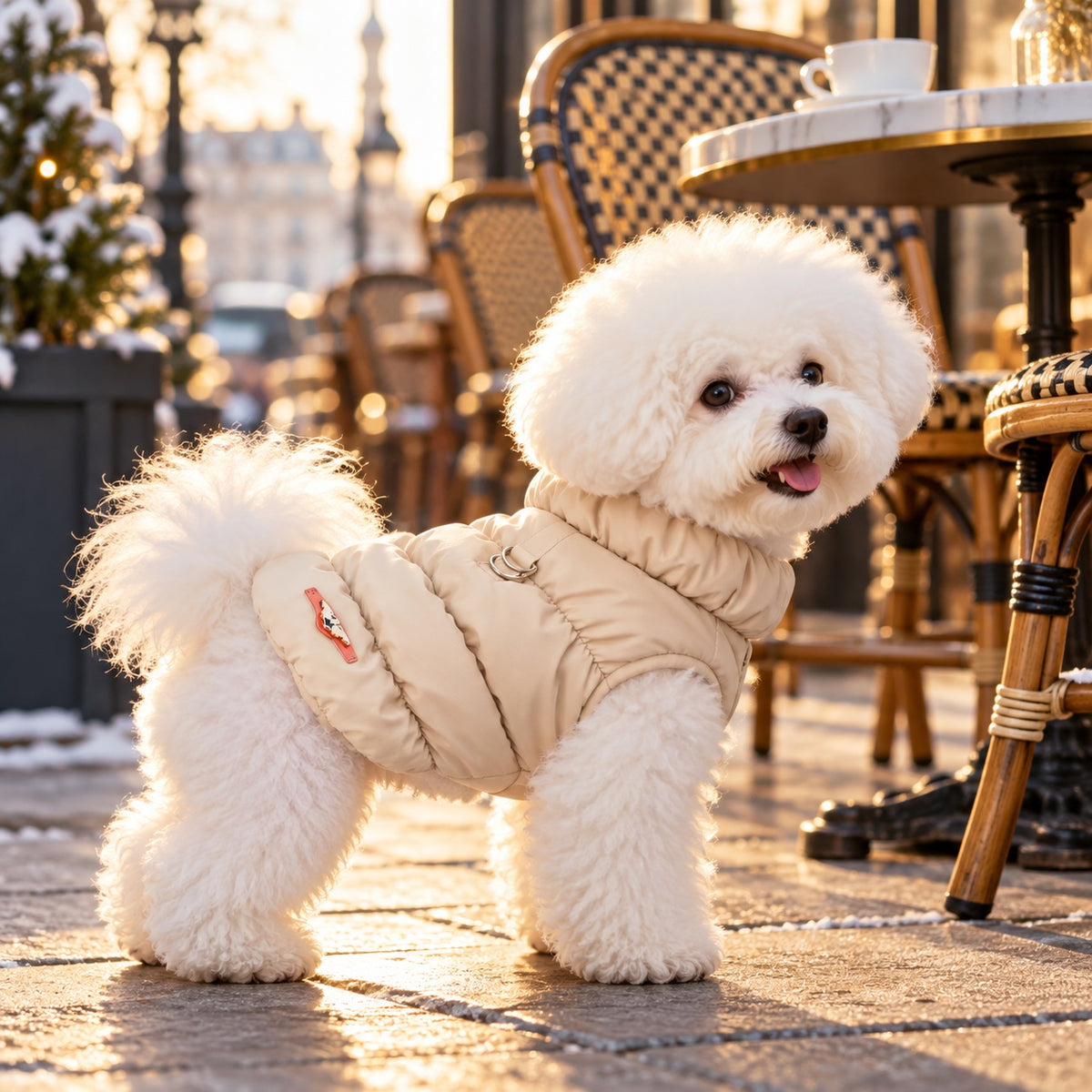 Witte bichon met het crèmekleurige Donsjasje op een terras