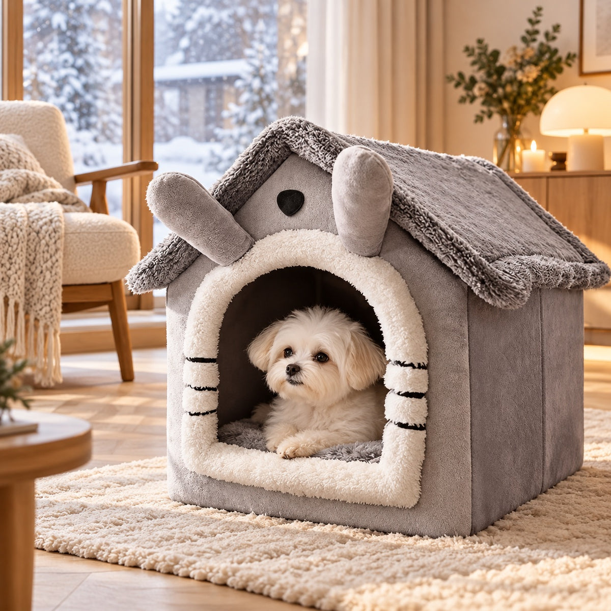 Wit hondje in het grijze Knushuisje in een Scandinavische woonkamer