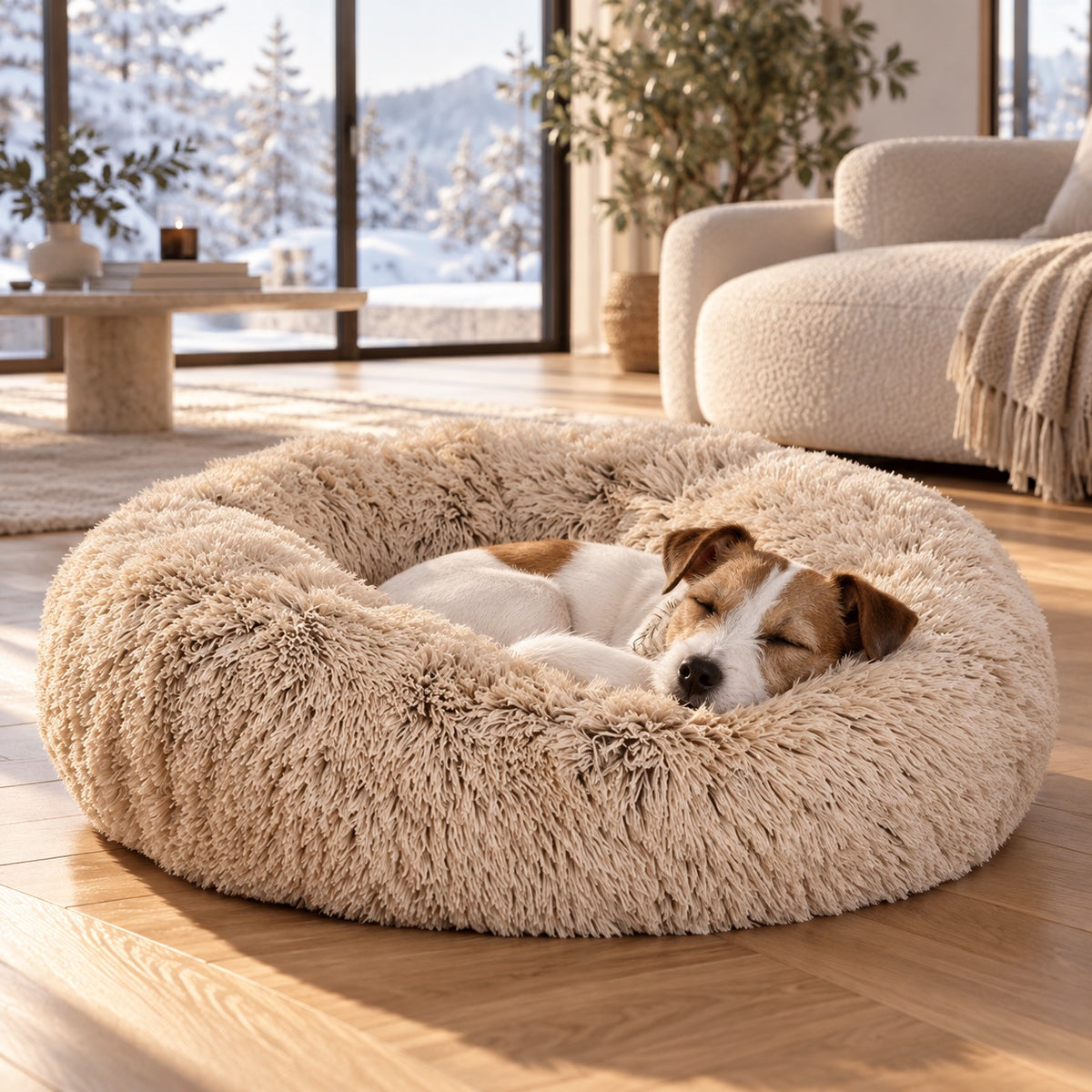 Jack russell slaapt in de beige Wolkenmand in een lichte loft