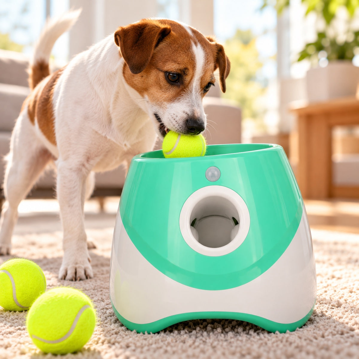 Jack russell legt een bal terug in de Ballenwerper
