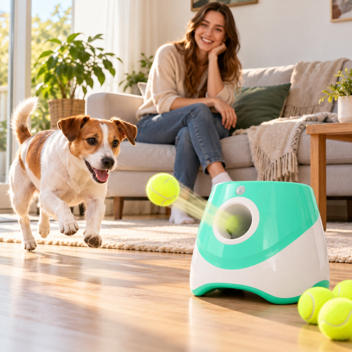 Hond speelt met de Ballenwerper in de woonkamer terwijl zijn baasje toekijkt
