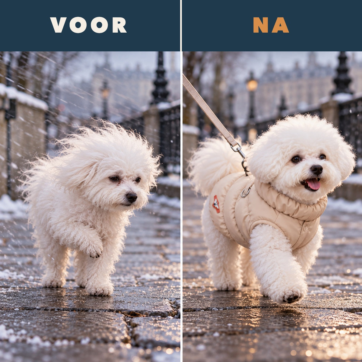 Voor en na: rillend in de wind, daarna warm met het Donsjasje