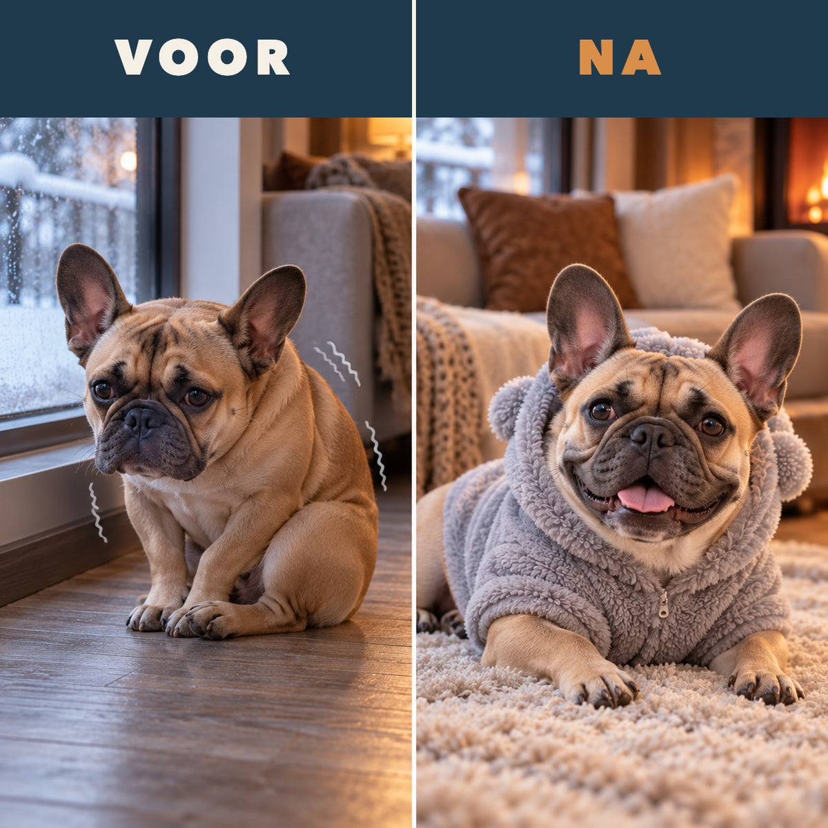 Voor en na: bibberend bij het raam, daarna warm met de Teddyhoodie