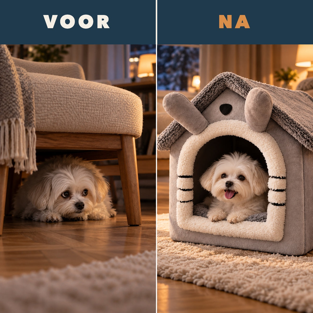 Voor en na: verstopt onder een stoel, daarna rustig in het Knushuisje
