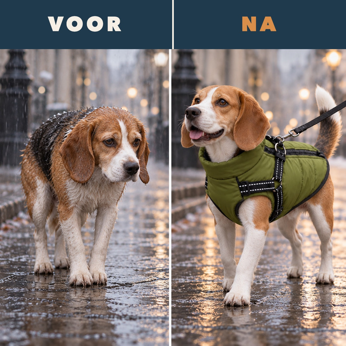 Voor en na: doorweekt in de regen, daarna droog met de Wandeljas