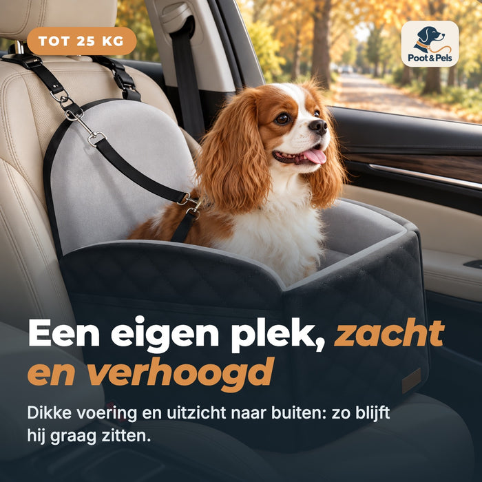 Tot 25 kg: een eigen plek, zacht en verhoogd. Dikke voering en uitzicht naar buiten.