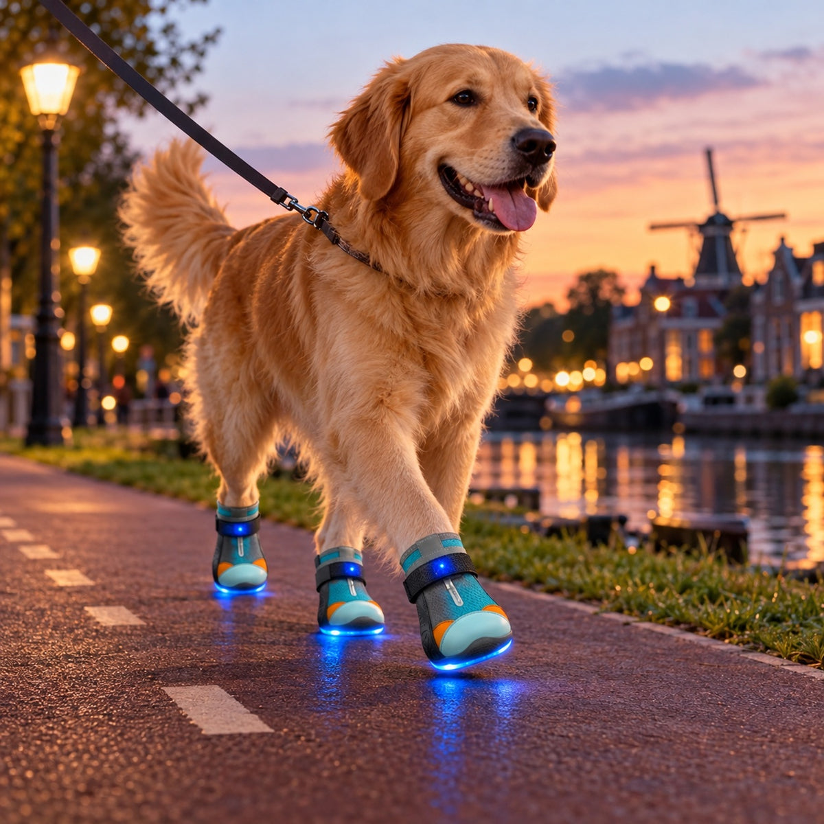 Golden retriever met oplichtende Lichtschoentjes op een fietspad in de schemering