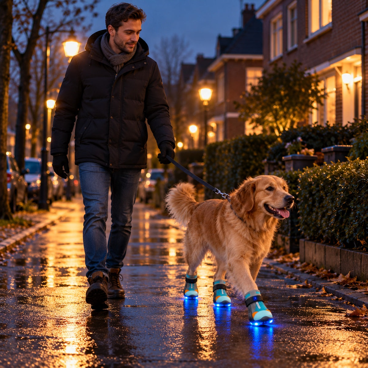 Hond met Lichtschoentjes op avondwandeling met zijn baasje