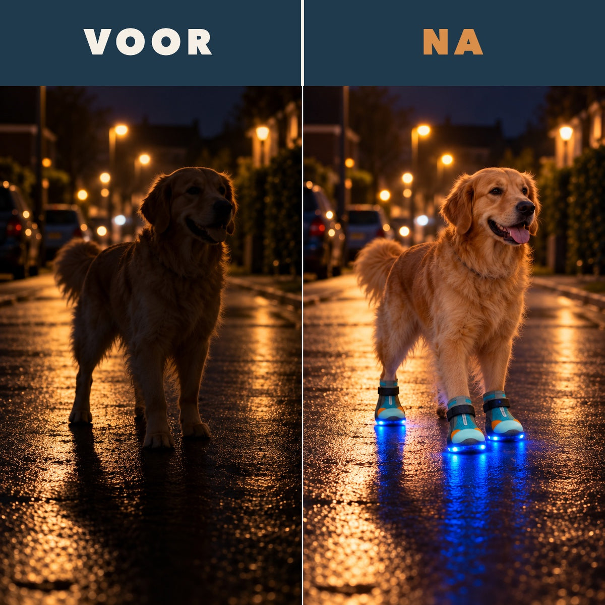 Voor en na: nauwelijks zichtbaar in het donker, daarna goed zichtbaar met Lichtschoentjes