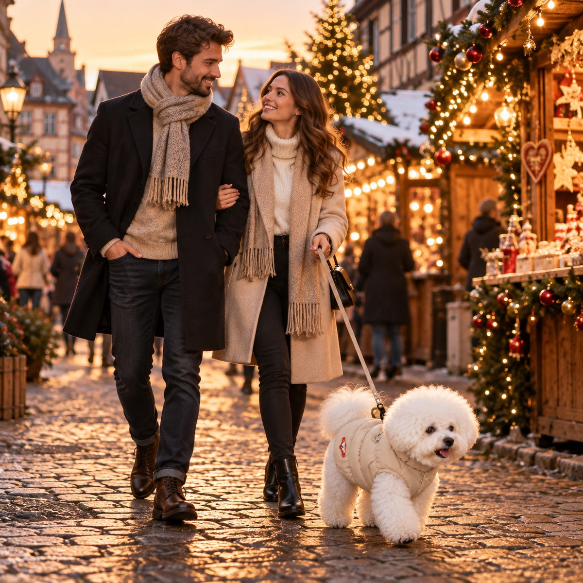 Bichon in Donsjasje aan de wandel met een stel op een kerstmarkt