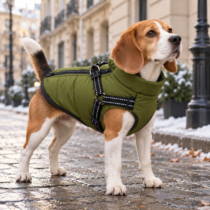 Beagle met de olijfgroene Wandeljas in een besneeuwde straat