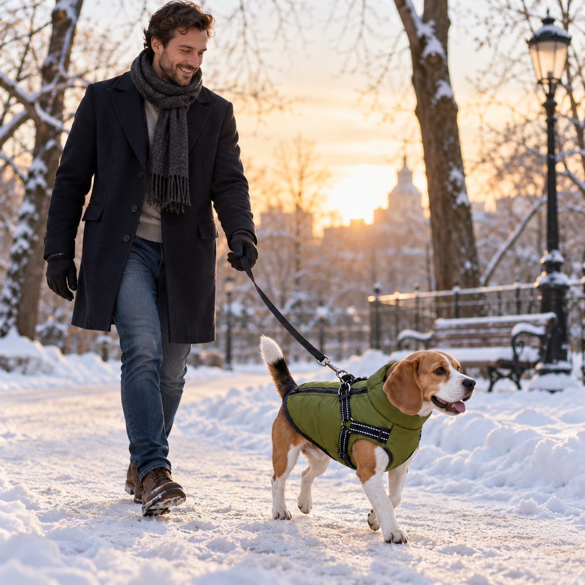 Beagle in Wandeljas aan de wandel met zijn baasje in een besneeuwd park