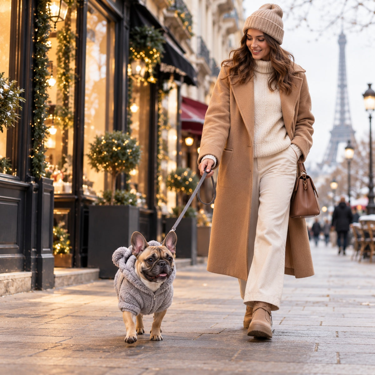 Franse bulldog in Teddyhoodie aan de wandel met zijn baasje